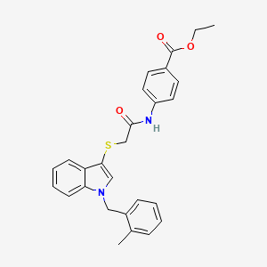 molecular formula C27H26N2O3S B3004694 Ethyl 4-[[2-[1-[(2-methylphenyl)methyl]indol-3-yl]sulfanylacetyl]amino]benzoate CAS No. 450347-43-0