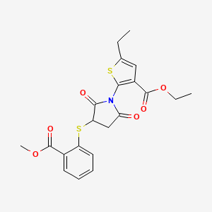 molecular formula C21H21NO6S2 B3004698 Ethyl 5-ethyl-2-(3-((2-(methoxycarbonyl)phenyl)thio)-2,5-dioxopyrrolidin-1-yl)thiophene-3-carboxylate CAS No. 887847-91-8