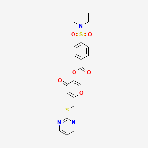 molecular formula C21H21N3O6S2 B3004725 4-oxo-6-((pyrimidin-2-ylthio)methyl)-4H-pyran-3-yl 4-(N,N-diethylsulfamoyl)benzoate CAS No. 877637-66-6