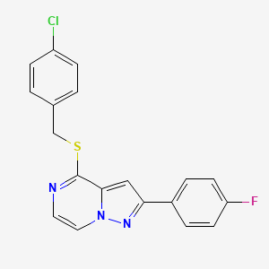 molecular formula C19H13ClFN3S B3004744 4-[(4-氯苄基)硫]-2-(4-氟苯基)吡唑并[1,5-a]哒嗪 CAS No. 1105239-90-4