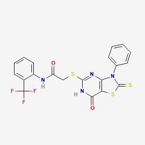molecular formula C20H13F3N4O2S3 B3004837 2-((7-oxo-3-phenyl-2-thioxo-2,3,6,7-tetrahydrothiazolo[4,5-d]pyrimidin-5-yl)thio)-N-(2-(trifluoromethyl)phenyl)acetamide CAS No. 1021264-04-9