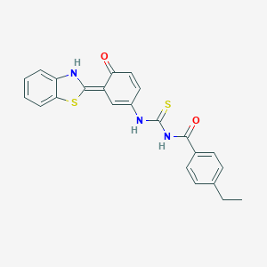 molecular formula C23H19N3O2S2 B300490 N-[[(3E)-3-(3H-1,3-benzothiazol-2-ylidene)-4-oxocyclohexa-1,5-dien-1-yl]carbamothioyl]-4-ethylbenzamide 