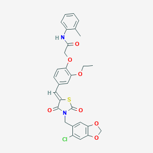 molecular formula C29H25ClN2O7S B300492 2-[4-({3-[(6-chloro-1,3-benzodioxol-5-yl)methyl]-2,4-dioxo-1,3-thiazolidin-5-ylidene}methyl)-2-ethoxyphenoxy]-N-(2-methylphenyl)acetamide 