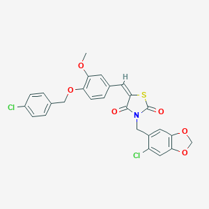 molecular formula C26H19Cl2NO6S B300493 3-[(6-Chloro-1,3-benzodioxol-5-yl)methyl]-5-{4-[(4-chlorobenzyl)oxy]-3-methoxybenzylidene}-1,3-thiazolidine-2,4-dione 