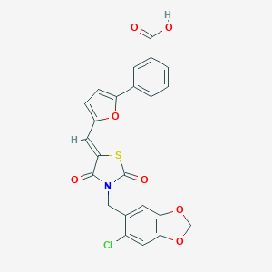 molecular formula C24H16ClNO7S B300494 3-[5-({3-[(6-Chloro-1,3-benzodioxol-5-yl)methyl]-2,4-dioxo-1,3-thiazolidin-5-ylidene}methyl)-2-furyl]-4-methylbenzoic acid 
