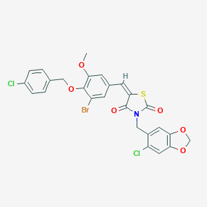 molecular formula C26H18BrCl2NO6S B300495 5-{3-Bromo-4-[(4-chlorobenzyl)oxy]-5-methoxybenzylidene}-3-[(6-chloro-1,3-benzodioxol-5-yl)methyl]-1,3-thiazolidine-2,4-dione 