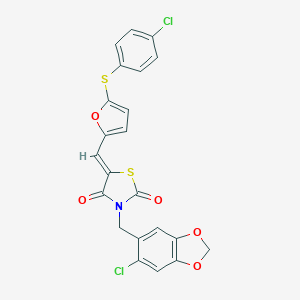 molecular formula C22H13Cl2NO5S2 B300497 3-[(6-Chloro-1,3-benzodioxol-5-yl)methyl]-5-({5-[(4-chlorophenyl)sulfanyl]-2-furyl}methylene)-1,3-thiazolidine-2,4-dione 