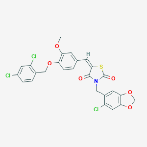 molecular formula C26H18Cl3NO6S B300498 3-[(6-Chloro-1,3-benzodioxol-5-yl)methyl]-5-{4-[(2,4-dichlorobenzyl)oxy]-3-methoxybenzylidene}-1,3-thiazolidine-2,4-dione 