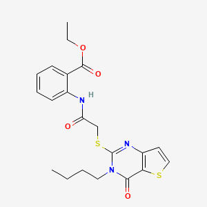 molecular formula C21H23N3O4S2 B3004991 Ethyl 2-({[(3-butyl-4-oxo-3,4-dihydrothieno[3,2-d]pyrimidin-2-yl)sulfanyl]acetyl}amino)benzoate CAS No. 1252863-91-4