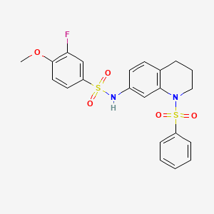 molecular formula C22H21FN2O5S2 B3005022 3-fluoro-4-methoxy-N-(1-(phenylsulfonyl)-1,2,3,4-tetrahydroquinolin-7-yl)benzenesulfonamide CAS No. 1171405-45-0