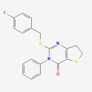 molecular formula C19H15FN2OS2 B3005030 2-[(4-Fluorophenyl)methylsulfanyl]-3-phenyl-6,7-dihydrothieno[3,2-d]pyrimidin-4-one CAS No. 686770-85-4