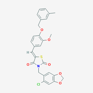 molecular formula C27H22ClNO6S B300504 3-[(6-Chloro-1,3-benzodioxol-5-yl)methyl]-5-{3-methoxy-4-[(3-methylbenzyl)oxy]benzylidene}-1,3-thiazolidine-2,4-dione 