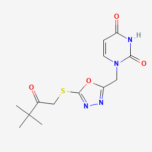 molecular formula C13H16N4O4S B3005046 1-((5-((3,3-dimethyl-2-oxobutyl)thio)-1,3,4-oxadiazol-2-yl)methyl)pyrimidine-2,4(1H,3H)-dione CAS No. 1091460-72-8