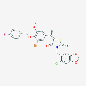 molecular formula C26H18BrClFNO6S B300506 5-{3-Bromo-4-[(4-fluorobenzyl)oxy]-5-methoxybenzylidene}-3-[(6-chloro-1,3-benzodioxol-5-yl)methyl]-1,3-thiazolidine-2,4-dione 
