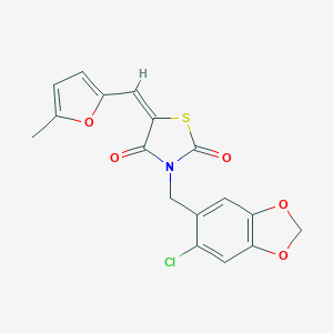 (5E)-3-[(6-chloro-1,3-benzodioxol-5-yl)methyl]-5-[(5-methylfuran-2-yl)methylidene]-1,3-thiazolidine-2,4-dione