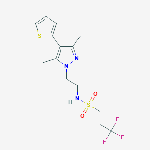 molecular formula C14H18F3N3O2S2 B3005100 N-(2-(3,5-dimethyl-4-(thiophen-2-yl)-1H-pyrazol-1-yl)ethyl)-3,3,3-trifluoropropane-1-sulfonamide CAS No. 2034375-01-2