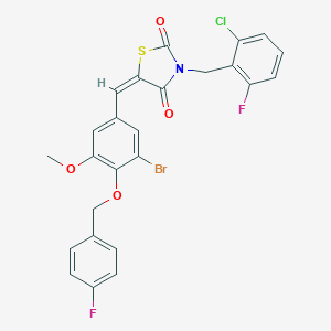 molecular formula C25H17BrClF2NO4S B300522 5-{3-Bromo-4-[(4-fluorobenzyl)oxy]-5-methoxybenzylidene}-3-(2-chloro-6-fluorobenzyl)-1,3-thiazolidine-2,4-dione 