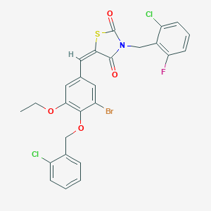molecular formula C26H19BrCl2FNO4S B300525 5-{3-Bromo-4-[(2-chlorobenzyl)oxy]-5-ethoxybenzylidene}-3-(2-chloro-6-fluorobenzyl)-1,3-thiazolidine-2,4-dione 