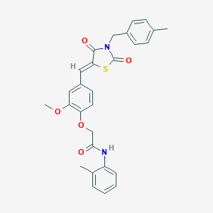 molecular formula C28H26N2O5S B300533 2-(2-methoxy-4-{[3-(4-methylbenzyl)-2,4-dioxo-1,3-thiazolidin-5-ylidene]methyl}phenoxy)-N-(2-methylphenyl)acetamide 