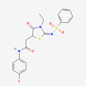 molecular formula C19H18FN3O4S2 B3005339 (E)-2-(3-ethyl-4-oxo-2-((phenylsulfonyl)imino)thiazolidin-5-yl)-N-(4-fluorophenyl)acetamide CAS No. 630090-74-3