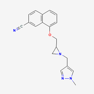 molecular formula C19H18N4O B3005351 8-[[1-[(1-Methylpyrazol-4-yl)methyl]aziridin-2-yl]methoxy]naphthalene-2-carbonitrile CAS No. 2411220-05-6