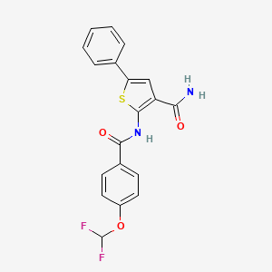 molecular formula C19H14F2N2O3S B3005555 2-[[4-(Difluoromethoxy)benzoyl]amino]-5-phenylthiophene-3-carboxamide CAS No. 379245-58-6