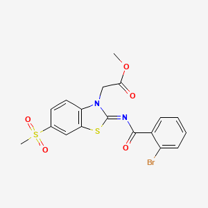 molecular formula C18H15BrN2O5S2 B3005603 Methyl 2-[2-(2-bromobenzoyl)imino-6-methylsulfonyl-1,3-benzothiazol-3-yl]acetate CAS No. 865198-42-1