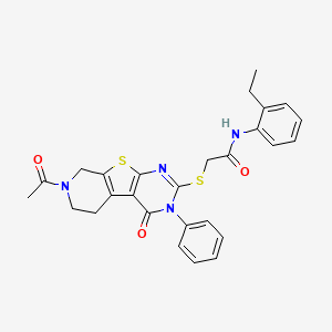 molecular formula C27H26N4O3S2 B3005644 2-((7-acetyl-4-oxo-3-phenyl-3,4,5,6,7,8-hexahydropyrido[4',3':4,5]thieno[2,3-d]pyrimidin-2-yl)thio)-N-(2-ethylphenyl)acetamide CAS No. 1185046-06-3