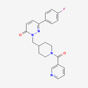 molecular formula C22H21FN4O2 B3005653 6-(4-fluorophenyl)-2-((1-nicotinoylpiperidin-4-yl)methyl)pyridazin-3(2H)-one CAS No. 1214461-96-7