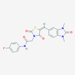 molecular formula C21H17FN4O4S B300568 2-{5-[(1,3-dimethyl-2-oxo-2,3-dihydro-1H-benzimidazol-5-yl)methylene]-2,4-dioxo-1,3-thiazolidin-3-yl}-N-(4-fluorophenyl)acetamide 