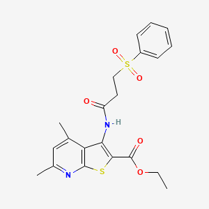 molecular formula C21H22N2O5S2 B3005759 Ethyl 4,6-dimethyl-3-(3-(phenylsulfonyl)propanamido)thieno[2,3-b]pyridine-2-carboxylate CAS No. 892854-90-9
