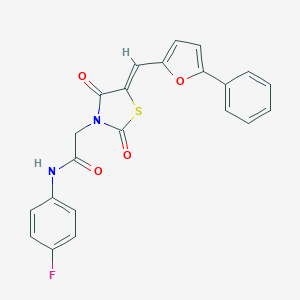 molecular formula C22H15FN2O4S B300578 2-{2,4-dioxo-5-[(5-phenyl-2-furyl)methylene]-1,3-thiazolidin-3-yl}-N-(4-fluorophenyl)acetamide 