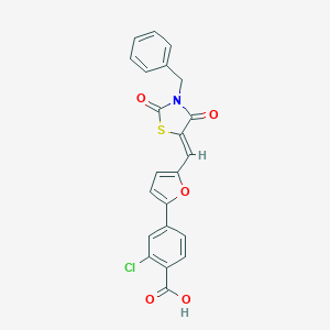 molecular formula C22H14ClNO5S B300591 4-{5-[(3-Benzyl-2,4-dioxo-1,3-thiazolidin-5-ylidene)methyl]-2-furyl}-2-chlorobenzoic acid 