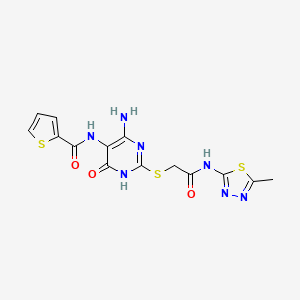 molecular formula C14H13N7O3S3 B3006026 N-(4-氨基-2-((2-((5-甲基-1,3,4-噻二唑-2-基)氨基)-2-氧代乙基)硫代)-6-氧代-1,6-二氢嘧啶-5-基)噻吩-2-甲酰胺 CAS No. 868225-79-0