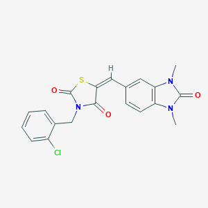 molecular formula C20H16ClN3O3S B300603 (5E)-3-(2-chlorobenzyl)-5-[(1,3-dimethyl-2-oxo-2,3-dihydro-1H-benzimidazol-5-yl)methylidene]-1,3-thiazolidine-2,4-dione 