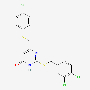 molecular formula C18H13Cl3N2OS2 B3006081 6-{[(4-Chlorophenyl)sulfanyl]methyl}-2-[(3,4-dichlorobenzyl)sulfanyl]-4-pyrimidinol CAS No. 866143-63-7
