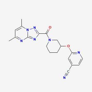 molecular formula C19H19N7O2 B3006088 2-((1-(5,7-Dimethyl-[1,2,4]triazolo[1,5-a]pyrimidine-2-carbonyl)piperidin-3-yl)oxy)isonicotinonitrile CAS No. 2034432-51-2