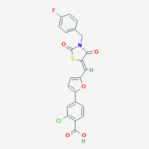 molecular formula C22H13ClFNO5S B300610 2-Chloro-4-(5-{[3-(4-fluorobenzyl)-2,4-dioxo-1,3-thiazolidin-5-ylidene]methyl}-2-furyl)benzoic acid 