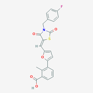 molecular formula C23H16FNO5S B300612 3-(5-{[3-(4-Fluorobenzyl)-2,4-dioxo-1,3-thiazolidin-5-ylidene]methyl}-2-furyl)-2-methylbenzoic acid 