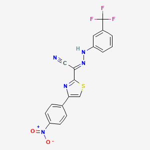 molecular formula C18H10F3N5O2S B3006178 (2E)-4-(4-nitrophenyl)-N-[3-(trifluoromethyl)anilino]-1,3-thiazole-2-carboximidoyl cyanide CAS No. 477197-32-3