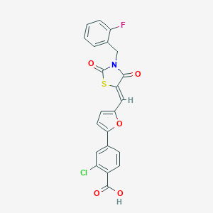molecular formula C22H13ClFNO5S B300620 2-Chloro-4-(5-{[3-(2-fluorobenzyl)-2,4-dioxo-1,3-thiazolidin-5-ylidene]methyl}-2-furyl)benzoic acid 