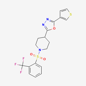 molecular formula C18H16F3N3O3S2 B3006200 2-(Thiophen-3-yl)-5-(1-((2-(trifluoromethyl)phenyl)sulfonyl)piperidin-4-yl)-1,3,4-oxadiazole CAS No. 1448030-24-7