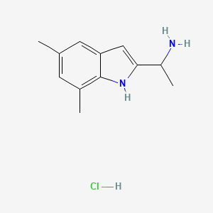 molecular formula C12H17ClN2 B3006209 1-(5,7-二甲基-1H-吲哚-2-基)乙胺；盐酸盐 CAS No. 2551120-68-2