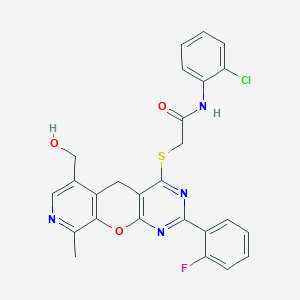 molecular formula C26H20ClFN4O3S B3006225 N-(2-chlorophenyl)-2-((2-(2-fluorophenyl)-6-(hydroxymethyl)-9-methyl-5H-pyrido[4',3':5,6]pyrano[2,3-d]pyrimidin-4-yl)thio)acetamide CAS No. 892386-26-4