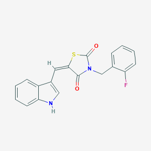 molecular formula C19H13FN2O2S B300623 (5E)-3-[(2-fluorophenyl)methyl]-5-(1H-indol-3-ylmethylidene)-1,3-thiazolidine-2,4-dione 