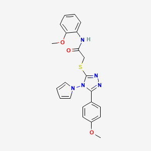 molecular formula C22H21N5O3S B3006230 N-(2-methoxyphenyl)-2-{[5-(4-methoxyphenyl)-4-(1H-pyrrol-1-yl)-4H-1,2,4-triazol-3-yl]sulfanyl}acetamide CAS No. 896300-08-6
