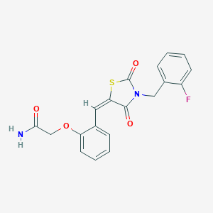 molecular formula C19H15FN2O4S B300625 2-(2-{[3-(2-Fluorobenzyl)-2,4-dioxo-1,3-thiazolidin-5-ylidene]methyl}phenoxy)acetamide 