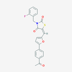 molecular formula C23H16FNO4S B300626 5-{[5-(4-Acetylphenyl)-2-furyl]methylene}-3-(2-fluorobenzyl)-1,3-thiazolidine-2,4-dione 