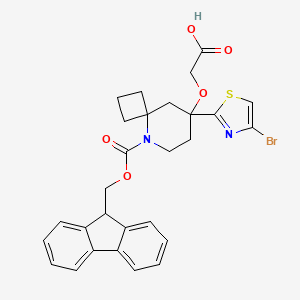 molecular formula C28H27BrN2O5S B3006276 2-[[8-(4-Bromo-1,3-thiazol-2-yl)-5-(9H-fluoren-9-ylmethoxycarbonyl)-5-azaspiro[3.5]nonan-8-yl]oxy]acetic acid CAS No. 2248274-58-8