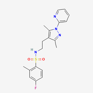 molecular formula C19H21FN4O2S B3006286 N-(2-(3,5-dimethyl-1-(pyridin-2-yl)-1H-pyrazol-4-yl)ethyl)-4-fluoro-2-methylbenzenesulfonamide CAS No. 2034481-93-9